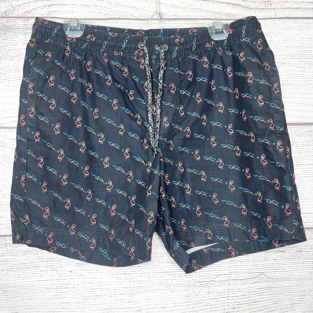 Retrofit Men's Gray Flamingo Print Swim Shorts Size Medium Pockets Drawstring